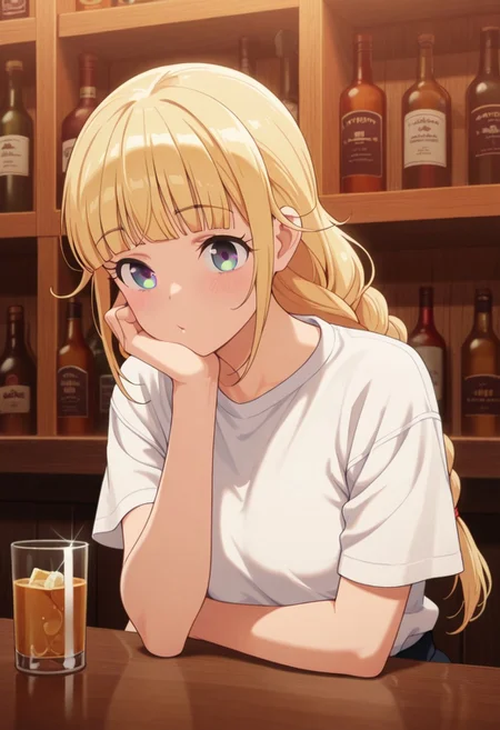 masterpiece,best quality,amazing quality, tsukimi eiko, long hair, blonde hair, blue eyes, 1girl, solo, braid, drinking glass, shirt, white shirt, bar (place), cup, upper body, short sleeves, blunt bangs, bottle, indoors