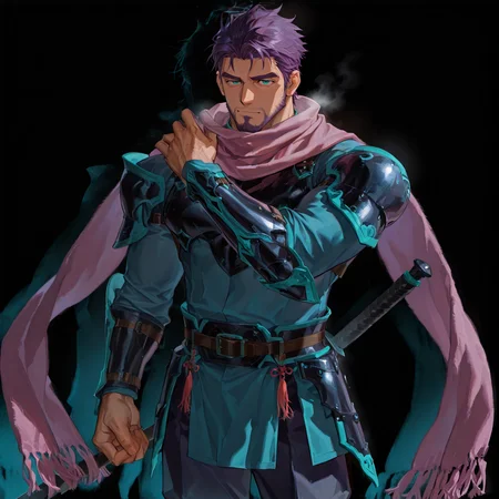 <lora:Kudanstein_Alchemist_Code-000003:.8>, (tagatamekudan, 1boy, short hair, purple hair, teal eyes, solo, male focus, manly, mature male, bara, scarf, fringe-trimmed scarf, tangzhuang, long sleeve, armor, belt, pants, boots,)
looking at the viewer, cowboy shot,
(very short hair, beard, bara, mature, facial hair, stubble, beard, full beard, sideburn, beard, a lot of beard, ), facial hair,male focus, muscular male, muscular male, bara, mature, bara, mature, aixiwuganda_(20222192), very awa, masterpiece, best quality, absurdres, newest, perfect quality, detailed background, intricate details,
<lora:slider_Body Type_alpha1.0_rank4_noxattn_last:3><lora:Anime Summer Days 2 Style SDXL_LoRA_Pony Diffusion V6 XL:.6><lora:slider_cfg_scale_boost:.7><lora:Artist6p:.55>, Artist6p, Artist04p,<lora:slider_il_brightness_slider_d1:-1><lora:slider_il_contrast_slider_d1:-1><lora:slider_DarkSlider1.2_alpha1.0_rank16_full_300steps:-.6>