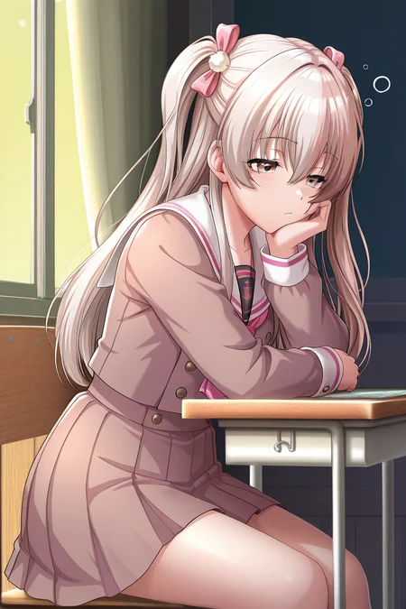 masterpiece, best quality, amazing quality,
<lora:KokoaV2_IL:1> kokoa, 1girl, solo, skirt, long hair, two side up, school uniform, brown eyes, pleated skirt, sailor collar, sitting, head rest, sleepy, ribbon, arisugawa school uniform