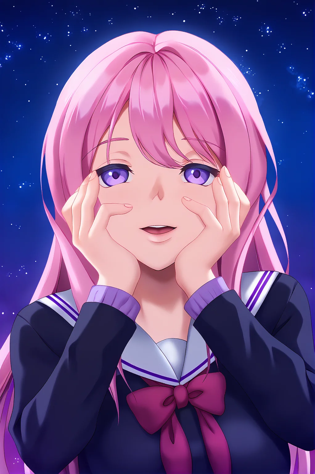 score_9,
<lora:yua_respati_v1_pruned:1>,
<lora:yandere_trance_v1_pruned:1>, yandere trance,
1girl, pink hair, long hair, purple eyes,
school uniform,
starry sky,
high resolution, Masterpiece, detailed