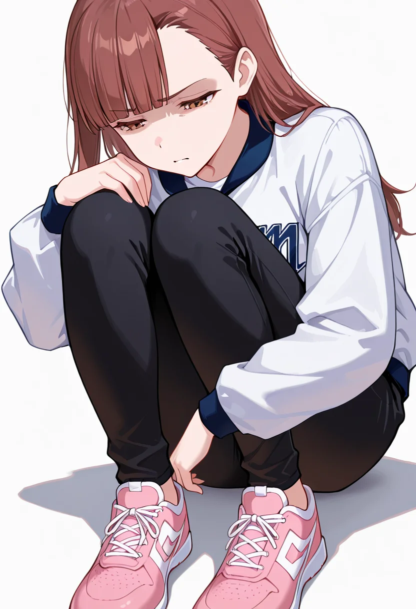 masterpiece,high quality details, absurdres,
<lora:Nagisa_Satou:0.8>
nagisa_cnr, 1girl, brown hair, long hair, blunt bangs, asymmetrical bangs, brown eyes,
sportswear, white shirt, white jacket, long sleeves, black pants, pink sneakers,, simple background, white background, front view,solo,, disgust,depressed,