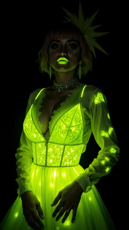 bioluminescent upper body portrait,1girl,glowing neon yellow dress,glowing neon yellow lipstick,glowing makeup, , aidmamjv7
