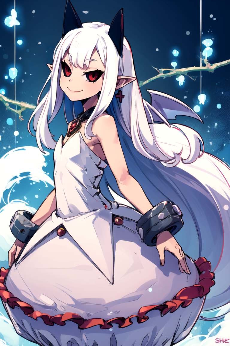 ((masterpiece,best quality)), absurdres,
<lora:Pram_Phantom_Kingdom_Anime_Dim32:0.8>, Pram_Phantom_Kingdom, 
1girl, solo, long white hair, horns, pointy ears, red eyes, black sclera, jewelry, dress, bubble skirt, earrings, chain, bat wings, albino, shackles, very long hair,
solo, smiling, looking at viewer, cowboy shot, side view, 
cinematic composition, dynamic pose,