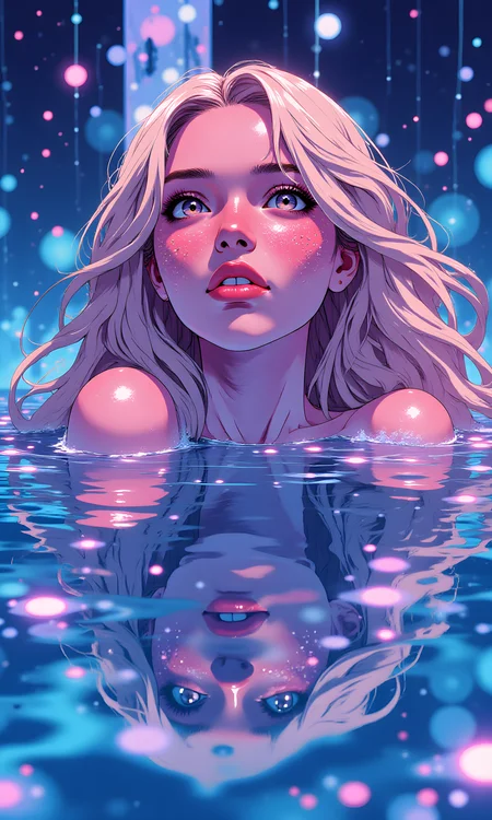 A woman with long, blonde hair that appears to be partially submerged in water. Her face is close to the surface, creating a distorted and dreamlike reflection. She has glitter on her face, which adds a magical and ethereal quality to the image. Her expression is serene and contemplative, with her eyes looking directly at the camera.
Her facial expression is calm and introspective. She has a slight upward gaze, suggesting she is lost in thought or experiencing a moment of wonder. The glitter on her face enhances the mystical and otherworldly feel of the image.
She is positioned with her head tilted slightly upwards, as if she is floating or suspended in the water. Her hair flows around her face, adding to the fluid and dynamic nature of the scene. The way she interacts with the water creates a sense of movement and depth.
There are no visible clothes on the woman, as the focus is primarily on her face and the interaction with the water. The absence of clothing allows the viewer to fully appreciate the details of her face and the glitter.
The camera is positioned above the water, capturing the woman from a top-down perspective. This angle allows for a clear view of her face and the reflection in the water. The framing is tight, focusing primarily on her and the immediate surroundings.
The lighting in the image is predominantly blue and pink, creating a surreal and vibrant atmosphere. The light reflects off the water, creating a shimmering effect that adds to the dreamlike quality of the image. The shadows are soft and subtle, enhancing the overall mood and atmosphere.
The background features a blurred and abstract pattern of lights and colors, which suggests an underwater or aquatic environment. The bokeh effect created by the lights adds a layer of visual interest and depth to the image.
The composition is centered and symmetrical, with the woman positioned in the middle of the frame. The lines of her hair and the direction of her gaze guide the viewer's eye through the image, creating a sense of balance and harmony. The overall effect is one of beauty and wonder, capturing a moment of quiet reflection in a magical and surreal setting.
BREAK j_art, anime, anime art, <lora:FLUX\RetroAnimeS1.1:0.1>, <lora:FLUX\GLSHS:0.1>, <lora:FLUX\Dieselpunk Delight - s0_9 g4:0.1>, <lora:FLUX\Anime Art V3:0.1>, <lora:FLUX\jul\J_Anime:1.0>