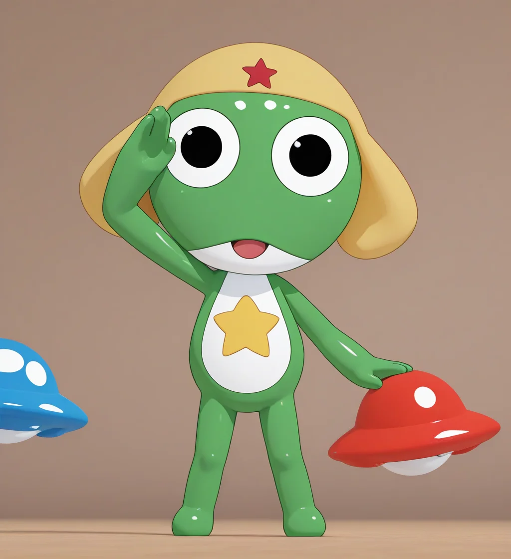 high resolution, best quality, 4k, 3d, 3d render, solo, open mouth, male, front view, salute, ufo background, <lora:Keroro_-_Keroro_Gunsou_-_IL:1> keroro, chibi, semi-anthro, green skin, two tone body, floppy cap, yellow star symbol on belly, simple eyes