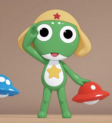 high resolution, best quality, 4k, 3d, 3d render, solo, open mouth, male, front view, salute, ufo background, <lora:Keroro_-_Keroro_Gunsou_-_IL:1> keroro, chibi, semi-anthro, green skin, two tone body, floppy cap, yellow star symbol on belly, simple eyes