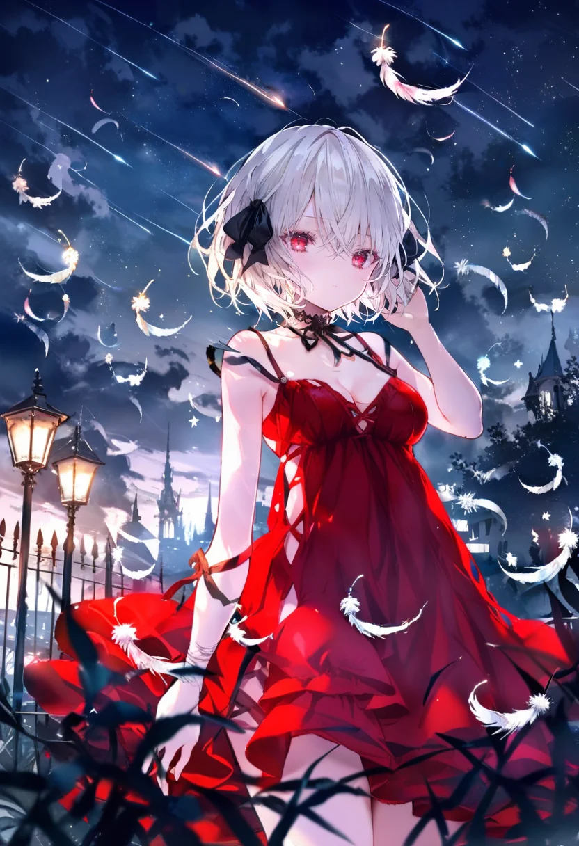 masterpiece, best quality, <lora:oninekoXL_ANI31_lokr_V43P1:0.95> 1girl, dress, solo, red eyes, red dress, feathers, sky, outdoors, night, shooting star, short hair, white hair, ribbon, hair between eyes, night sky, star \(sky\), sleeveless dress, starry sky, breasts, sleeveless, hand up, looking at viewer, black ribbon, meteor shower, bare shoulders, cloud, fence, closed mouth, hair ribbon, white feathers, standing, bare arms, building, cleavage, small breasts, cloudy sky, choker, lamppost