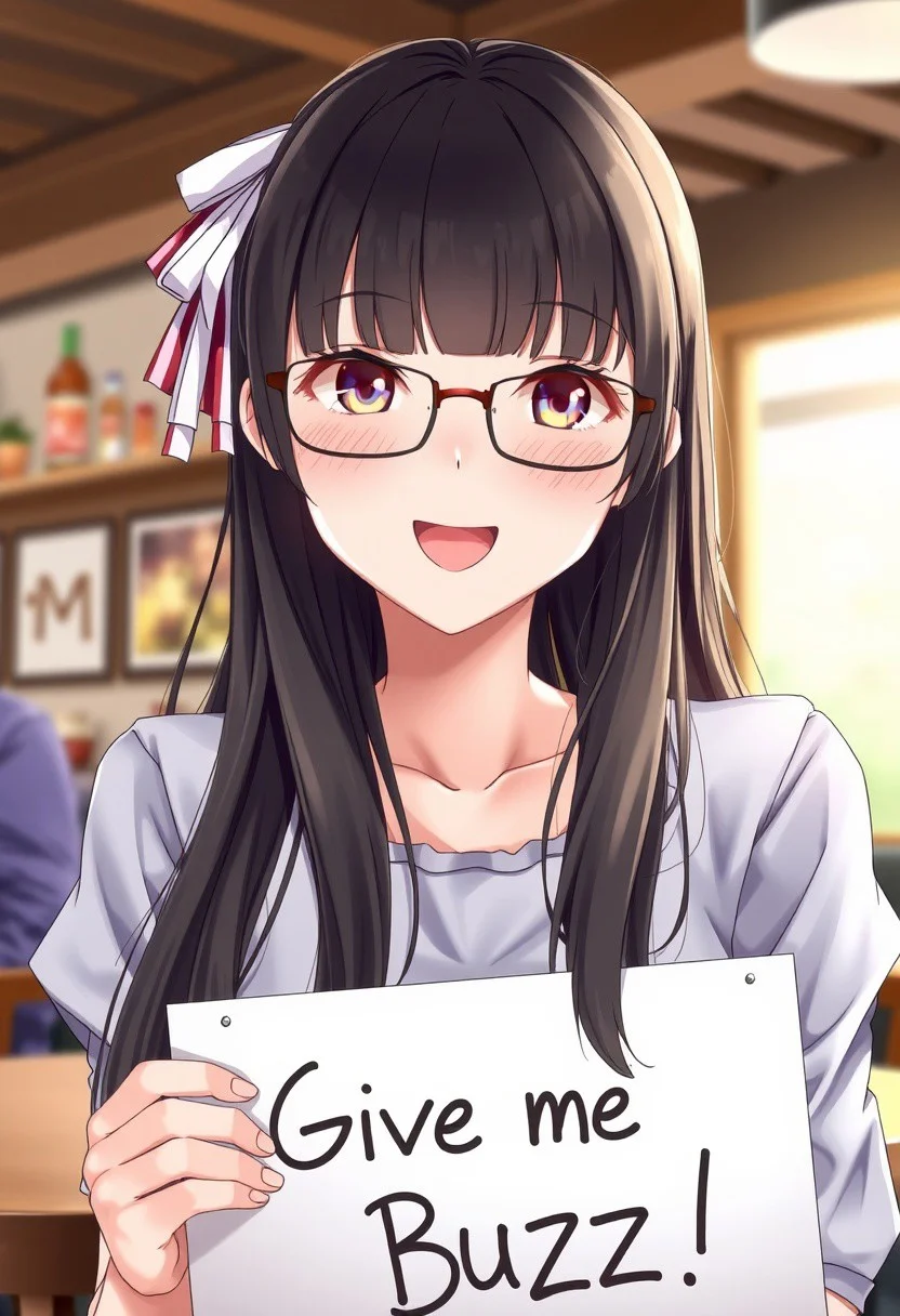score_4,score_5,score_6,score_7_up,score_8_up,score_9 ((masterpiece,best quality,ultra detailed,highres,HD,4k:1.2)), 
1 girl,solo,face focus,
1 girl,solo,face focus, black hair,long hair,blunt bangs,long sidelocks,large breast,((hair ribbon,glasses)), indoors,cafe, 
(("Give me Buzz.",Beggars Borad,Holding a sign, holding a sign that says, "Give me Buzz."))
looking at viewer,open mouth,blush,happy,smile,cheerful,