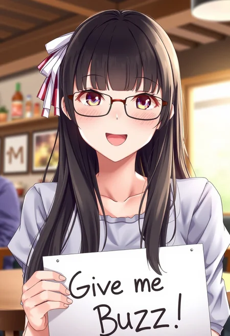 score_4,score_5,score_6,score_7_up,score_8_up,score_9 ((masterpiece,best quality,ultra detailed,highres,HD,4k:1.2)), 
1 girl,solo,face focus,
1 girl,solo,face focus, black hair,long hair,blunt bangs,long sidelocks,large breast,((hair ribbon,glasses)), indoors,cafe, 
(("Give me Buzz.",Beggars Borad,Holding a sign, holding a sign that says, "Give me Buzz."))
looking at viewer,open mouth,blush,happy,smile,cheerful,
