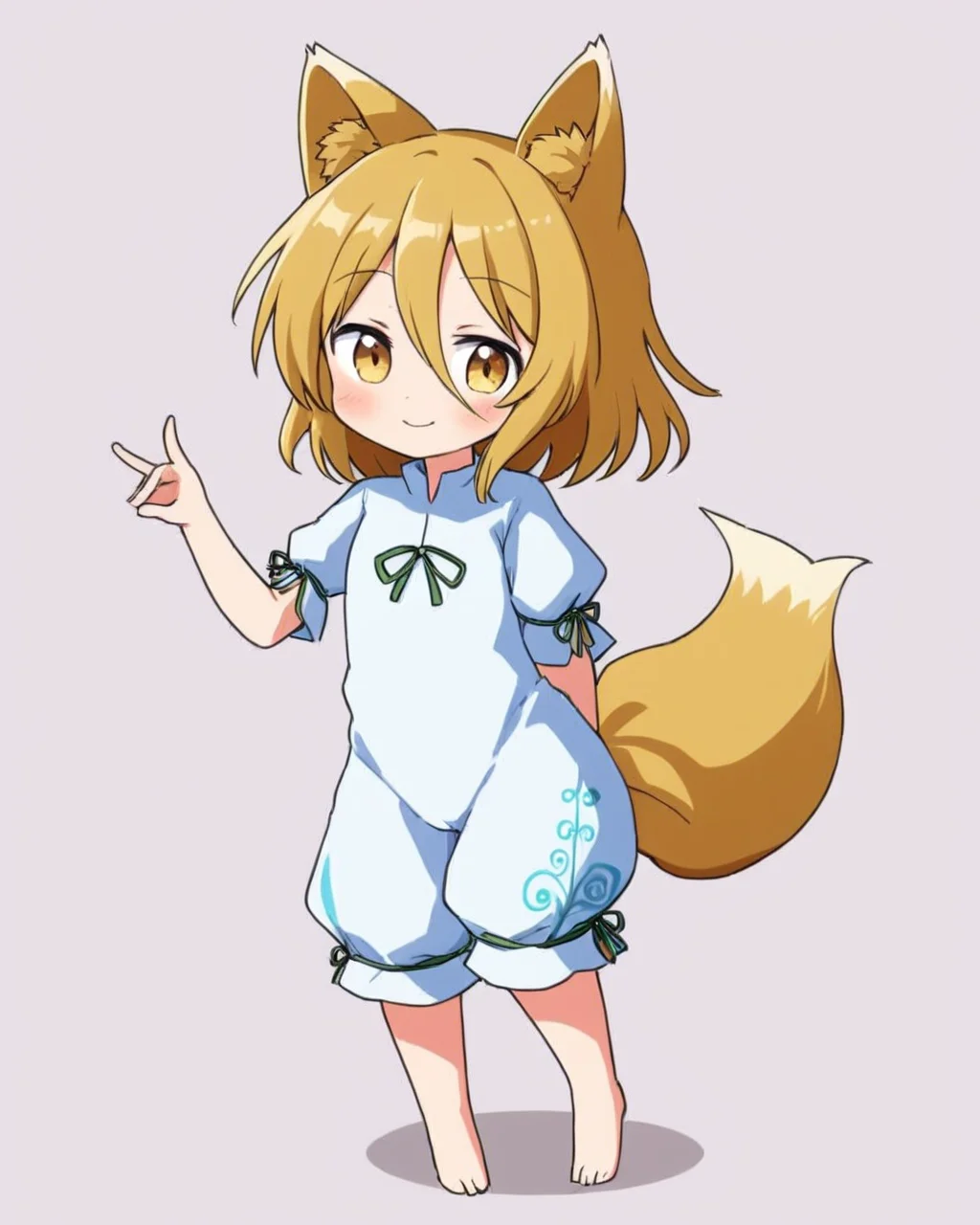 kudamaki tsukasa,1girl, solo, fox_tail, romper, white_background, one-hour_drawing_challenge, closed_mouth, simple_background, fox_shadow_puppet, short_sleeves, blush_stickers, smile, green_ribbon, full_body, signature
<lora:kudamaki_tsukasa_image1939_2023-12-20-000014:1>,star-shaped_pupils,symbol-shaped_pupils,. gorgeous,key visual, vibrant, studio anime,award-winning, professional, highly detailed,high budget, cinemascope