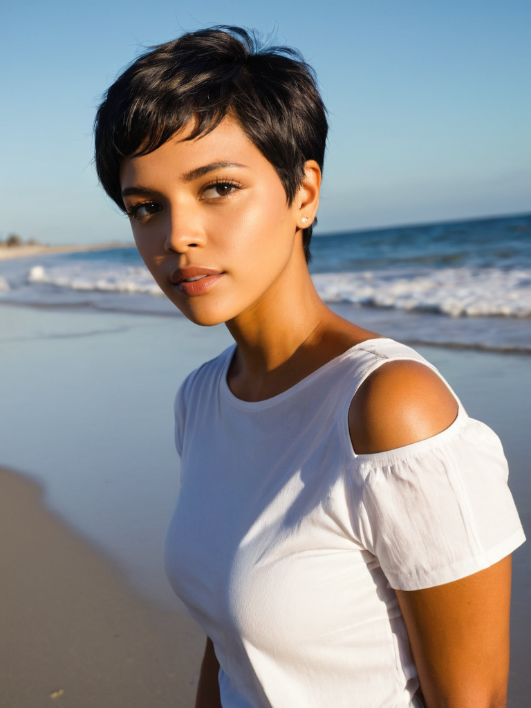 woman, latina, dreaming, (looking away:1.7), dark skin, surprised<lora:A_SHort_Cut_v3_SDXL:1.1>short hair, (pixie cut:1.2), dark eyes, on the beach, white shirt, sunny day,