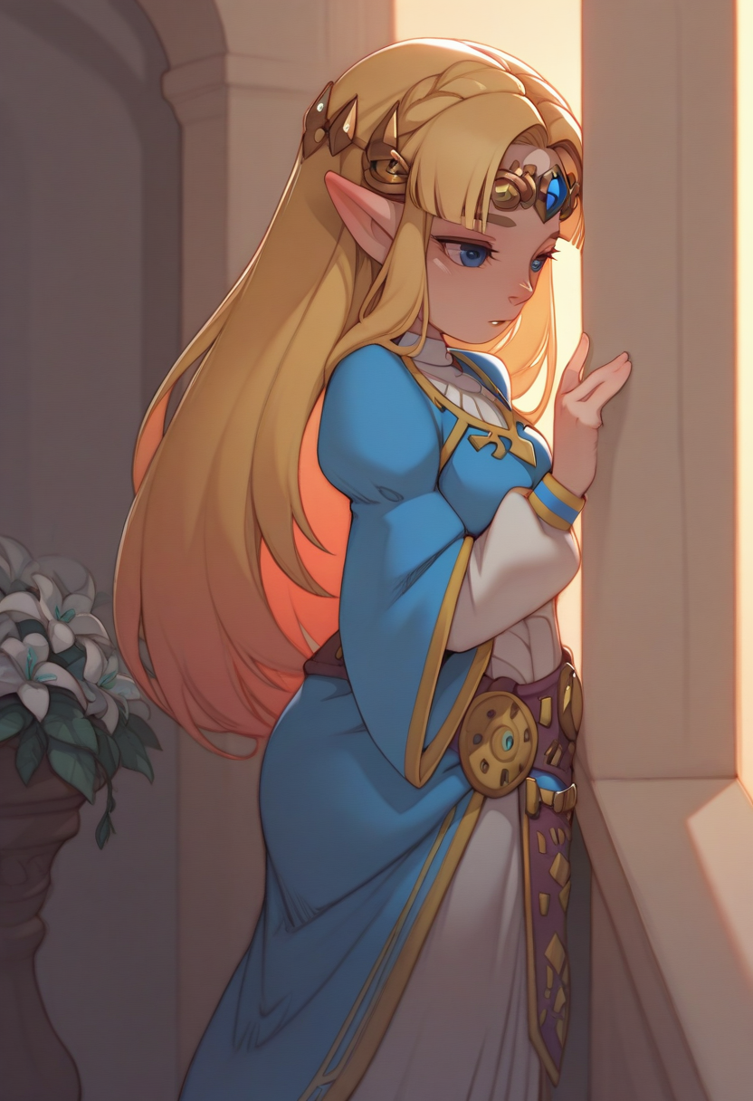 jybstyle,  masterpiece, best quality, solo,                                                                                         princess zelda, dress, tiara, stood on balcony with flowers surrounding the walls, from the side, blue eyes, warm colors,