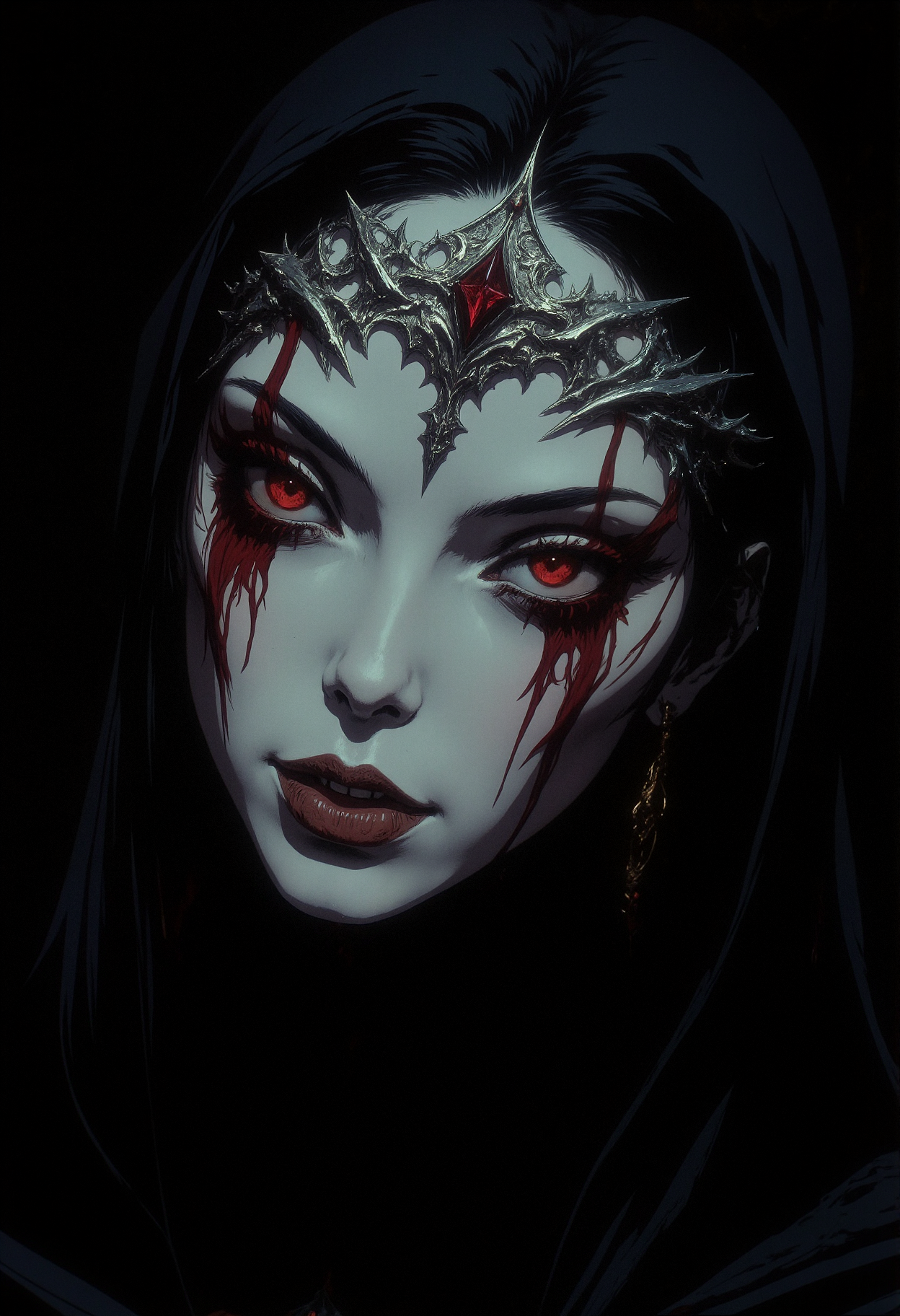 A close-up of a pale woman's face with smooth white skin. Her lips are dark red and glossy, slightly parted to reveal white teeth. Her eyes are deep red, appearing as if blood is streaming from them. Blood trickles down from the eyes in thick, shiny streams. She is wearing a silver, intricately detailed tiara adorned with a single red gem at the center of her forehead. The tiara's design flows around her head, blending with the dark, black hood that surrounds her face. Her expression is solemn, yet hauntingly beautiful. The lighting highlights the contrast between her pale skin and the dark elements of her clothing. The background is a deep black, enhancing the intensity of her features and the overall mood of the image. The overall style is hyper-realistic, with a gothic, dark fantasy atmosphere.  <lora:dark_fantasy_flux:0.83> <lora:FredFraiStyle-FLUX-Share:0.63> <lora:sxz-Dark-Fantasy-v2-Flux:0.33> drkfnts style, <lora:NeonFantasyFLUX:0.73> ne0nfant4sy,