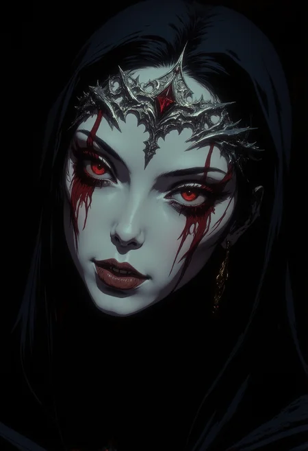 A close-up of a pale woman's face with smooth white skin. Her lips are dark red and glossy, slightly parted to reveal white teeth. Her eyes are deep red, appearing as if blood is streaming from them. Blood trickles down from the eyes in thick, shiny streams. She is wearing a silver, intricately detailed tiara adorned with a single red gem at the center of her forehead. The tiara's design flows around her head, blending with the dark, black hood that surrounds her face. Her expression is solemn, yet hauntingly beautiful. The lighting highlights the contrast between her pale skin and the dark elements of her clothing. The background is a deep black, enhancing the intensity of her features and the overall mood of the image. The overall style is hyper-realistic, with a gothic, dark fantasy atmosphere. <lora:dark_fantasy_flux:0.83> <lora:FredFraiStyle-FLUX-Share:0.63> <lora:sxz-Dark-Fantasy-v2-Flux:0.33> drkfnts style, <lora:NeonFantasyFLUX:0.73> ne0nfant4sy,