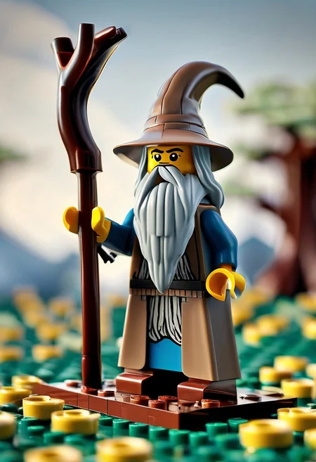novuschroma53 style a handmade, cartoon, statue of a lego gandalf, in the Shire, full body, isometric, top down, game asset, handmade, game icon, cartoon