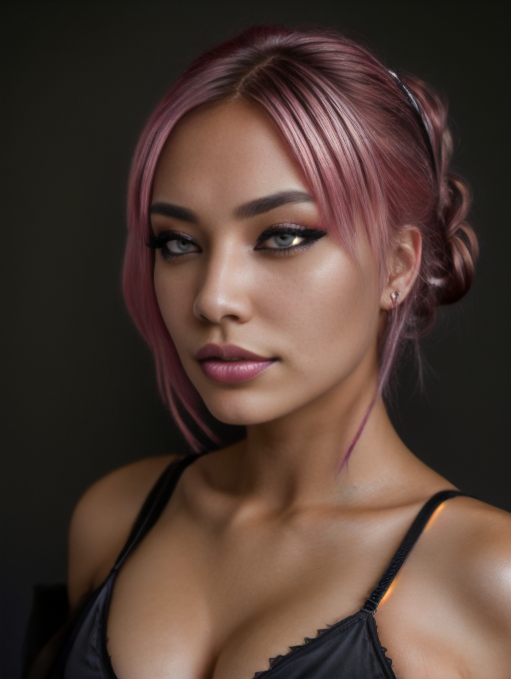 proffessional photography, low key, very black background, shoulder portrait, rim light reflection in eye, ultra detailed eyes, detaile skin, skin with defaut, sexy attitude, light from right, rembrand lightning, geek bra, roseV2, pinkhair <lora:RoseV2-000009:1>