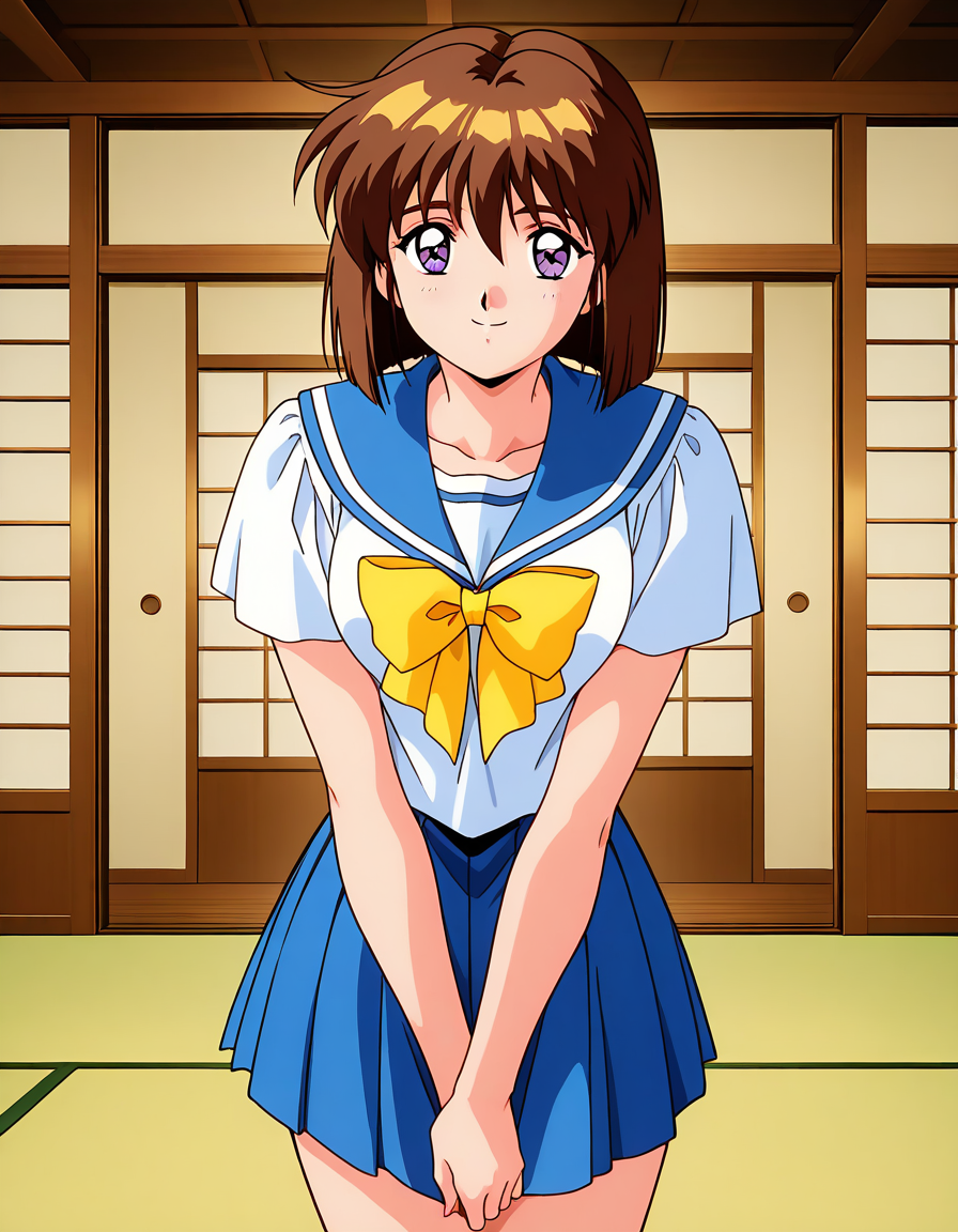 general,highres, ultra-detailed,very aesthetic,best quality ,best hands,  BREAK <lora:Amatsu_Mai_IS:1> Amatsu_Mai, 1girl,solo, brown hair, short hair, breasts, purple eyes, bob cut, bangs, 1990s \(style\),anime coloring, BREAK,
 serafuku, blue sailor collar, Yellow bow, blue skirt, standing,
BREAK, 1990s \(style\),anime coloring,  v arms, smile, closed mouth, Japanese room, tatami,