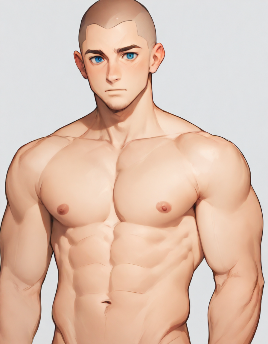 illMaleupBody, solo, looking at viewer, blush, short hair, blue eyes, navel, closed mouth, nipples, upper body, male focus, nude, stomach, completely nude, muscular, abs, pectorals, muscular male, bara, large pectorals, very short hair, buzz cut, 1boy
<lora:ILLå¡é2Dç·å­ä¸èº«illMaleupBody:0.8>,