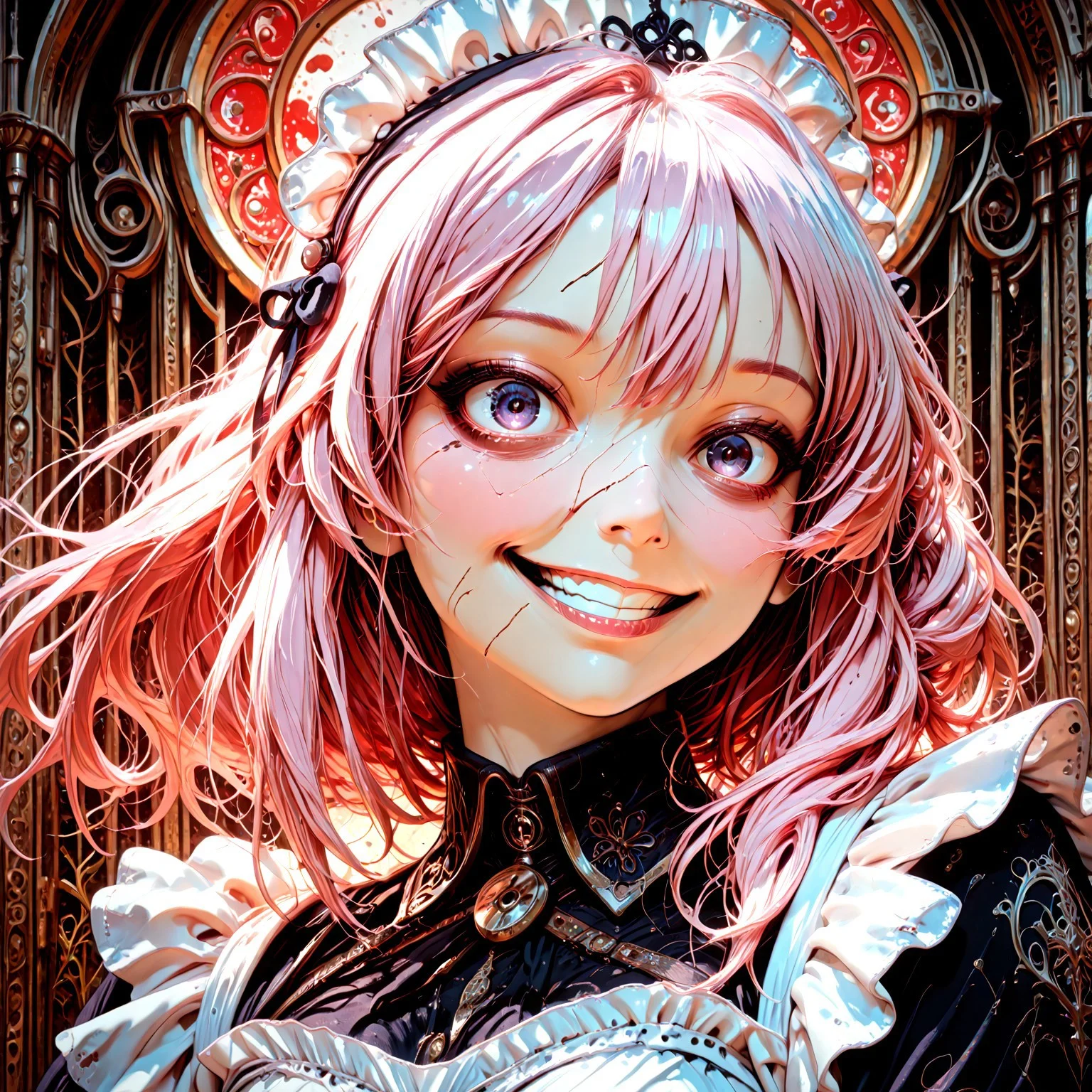 lazypos, ultra realistic, masterpiece, high detailed skin, fantasy, best quality, high res, very aesthetic, anime style, studio anime, pompt - best quality,amazing quality, very aesthetic, absurdres, addmicrodetails, M4gicalL1nes, DarkFantasy, 1girl, solo, CivChan, purple eyes, pink hair, maid uniform, close-up of an insane smiling woman, wide eyes and creepy grin, stylized horror character, intricate flowing line art, art nouveau inspired, limited color palette (black, white, crimson, gold), surreal background with abstract patterns, smoky flowing hair elements, eerie expression, thin detailed outlines, textured print feel, gothic manga meets art nouveau style, symbolic visual elements, disturbing yet elegant atmosphere, art nouveau, looking at viewer, face fix, 8K Resolution,
stylized horror
flowing organic lines
surreal, patterned background
limited colors: off-white, red, black, and gold
<lora:CreateConcept_Illustrious:1>