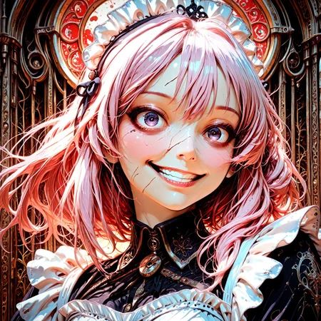 lazypos, ultra realistic, masterpiece, high detailed skin, fantasy, best quality, high res, very aesthetic, anime style, studio anime, pompt - best quality,amazing quality, very aesthetic, absurdres, addmicrodetails, M4gicalL1nes, DarkFantasy, 1girl, solo, CivChan, purple eyes, pink hair, maid uniform, close-up of an insane smiling woman, wide eyes and creepy grin, stylized horror character, intricate flowing line art, art nouveau inspired, limited color palette (black, white, crimson, gold), surreal background with abstract patterns, smoky flowing hair elements, eerie expression, thin detailed outlines, textured print feel, gothic manga meets art nouveau style, symbolic visual elements, disturbing yet elegant atmosphere, art nouveau, looking at viewer, face fix, 8K Resolution,

stylized horror

flowing organic lines

surreal, patterned background

limited colors: off-white, red, black, and gold

<lora:CreateConcept_Illustrious:1>