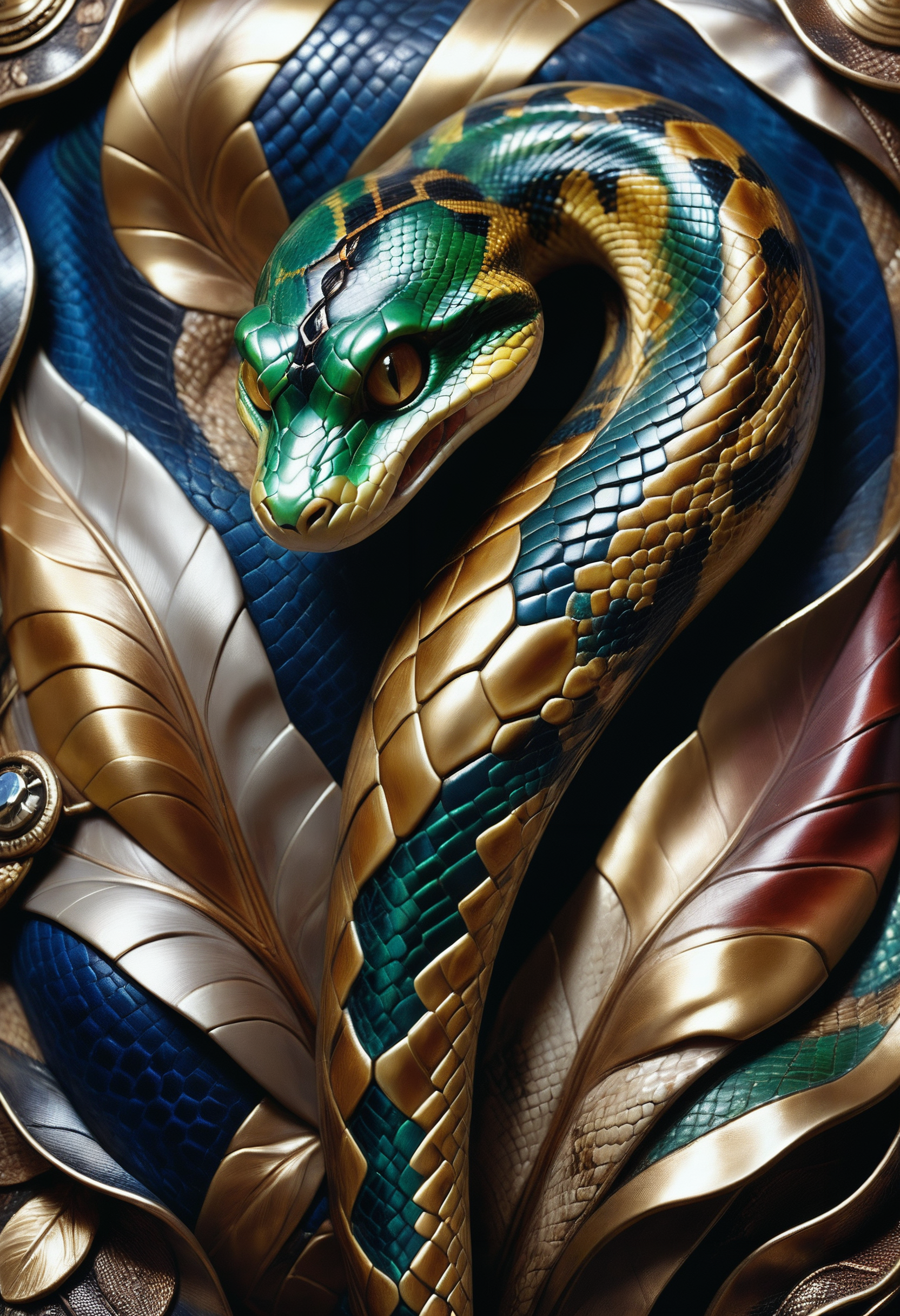 Jed-snkskn, Oil painting, Neo Dada Art, Voyeuristic Dieselpunk Magic wand, Wonder, painterly, <lora:SnakeSkinStyle:0.7>, rich deep colors, beautiful detailed, elaborate, very, best, delicate, badge, dynamic dramatic composition, fine polished, enchanted, background inspired, luxury