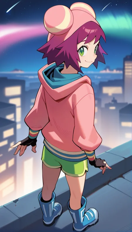 score_9,score_8_up,score_7_up,
<lora:soniastrumm:0.8>,
misorahibiki,
(realistic:1.1),highres,
1girl,solo,
purple hair,short hair,bangs,
green eyes,looking at viewer,
smile,
bear ears hooded hat,pink sweatshirt,
long fingerless gloves,
green shorts,
blue boots,
full body,above,standing on roof of skyscraper,upper air,back view,
blurry background,outdoors,night,starry background,shooting star,starry night,bloom,light particles,lens flare,cloud,lens flare abuse,planet,cityscape,aurora,
