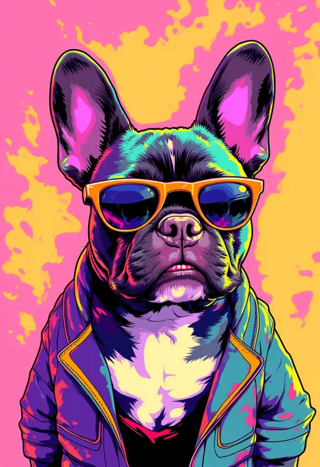 Inkpunk Anime, Cartoony, bold lines, french bulldog wearing sunglasses