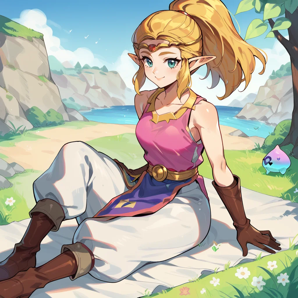 score_9, score_8_up, score_7_up, score_6_up, score_5_up, score_4_up, zPDXL2,source_anime,rating_questionable, 1girl, solo, outdoors, smile, <lora:Princess_Zelda_-_Echoes_of_Wisdom_r1:1>Zelda_EoW, princess zelda, blue eyes, pointy ears, high ponytail, blonde hair, sleeveless, brown gloves, white pants, circlet, collarbone, triforce, brown boots, tabard, bare shoulders, pink shirt, belt,