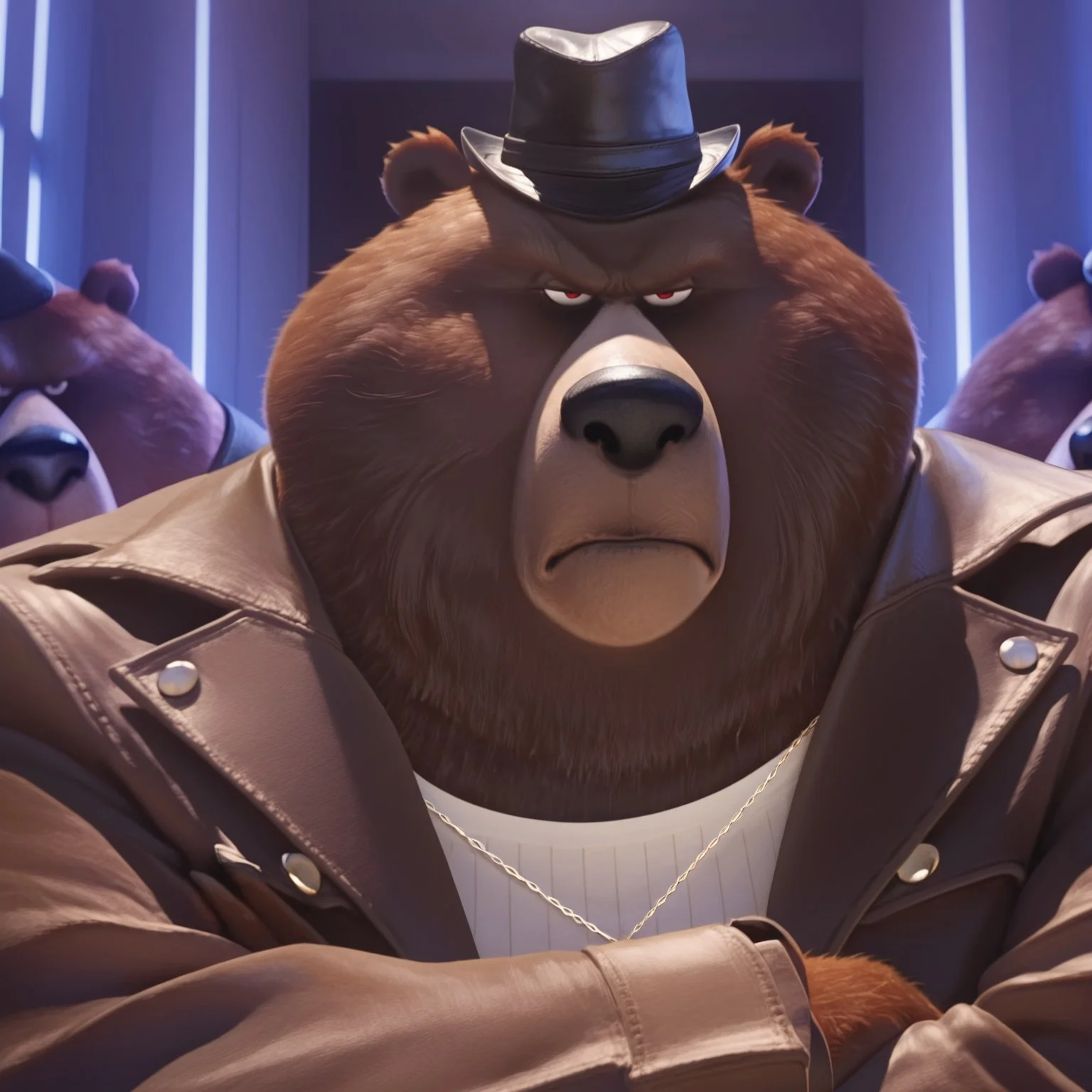 awa,masterpiece,best quality,absurdres,newest,perfect quality,detailed background,intricate details, Bear_leader, realistic, closed mouth, Angry, face shot, Brown Jacket, white shirt, gold chain, hat, looking at viewer, half closed eyes, front view , indoors, serious, (((half body))), (((chest))), (arms, crossed arms, Belly, belt)