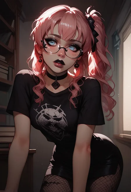 (score_9, score_8_up, score_7_up), VitWaterStyle, g4n1m3, 1girls, kanroji-mitsuri, bright blue eyes, strawberry blonde hair, side ponytail, sexy, looking away shyly, shy smile, shocked eyes, blushed cheeks, dimples, blushing, perfect eyes, librarian reading glasses, stylish glasses, goth, black lipstick, heavy eye shadow, wearing loose black t-shirt, pencil skirt, mesh leggings, long hair, small breasts, medium butt, cinematic light, in school library, Expressiveh, g0thicPXL, wide shot, wide angle, detailed, beautiful girl
Masterpiece, best quality, Detailed drawing, negative_hand,