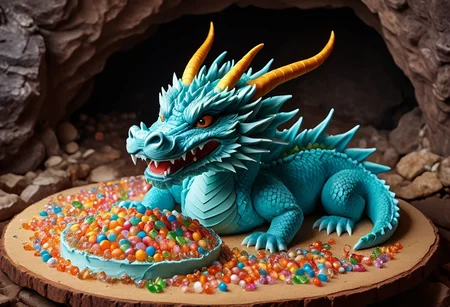 lazypos, asian dragon made of cake, realistic, breath of fire, , mystical cave background, candy jewels spilling from the cave mouth