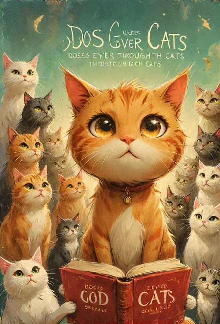book cover title "Does God Ever Speak through Cats?", <lora:cinexart:0.5>, <lora:wizards_vintage_romance:0.6>, <lora:Harrlogos_v1.1:0.8>, <lora:ral-smolinzect:0.4> <lora:Cute_Drawing:0.4>
