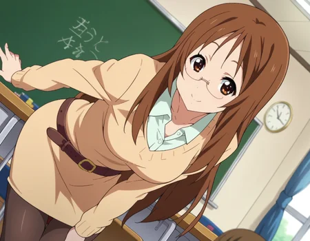 score_9, score_8_up, score_7_up, source_anime,
sawakoyamanaka, <lora:sawako-yyamanaka-s2-ponyxl-lora-nochekaiser:1>,
sawako yamanaka, brown eyes, brown hair, glasses, long hair,
belt, official style, pantyhose, teacher, dress, light brown dress, skirt, pencil skirt,
indoors, classroom, smile, bent over,
looking at viewer, dutch angle, cowboy shot,