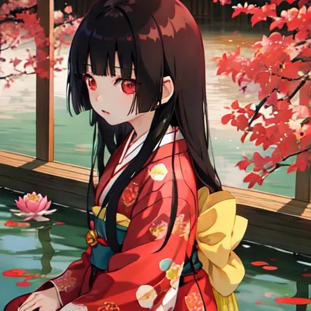 enma_ai 1girl, solo, hair down, hair black, bangs hair, eyes red, kimono, underlayer kimono, ornamental hairpun, obi sas, night, village, (masterpiece), 1girl, living in a floating house, pond, flowers on pond, beautiful scenery <lora:iori1:1>