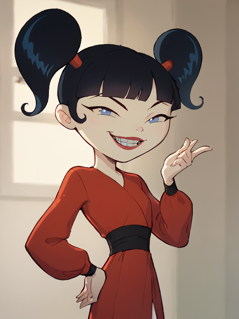 <lora:KimikoPony1.0:1> kimiko 1girl, black hair, solo, twintails, bangs, smile, long sleeves, red dress, blunt bangs, teeth, looking at viewer, lipstick,looking at viewer, hand on own hip,, score_9, score_8_up, score_7_up, score_6_up <lora:Smooth Anime Style LoRA XL:1>