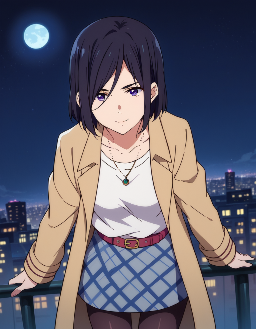 score_9, score_8_up, score_7_up, source_anime,
izuminase, <lora:izumi-nase-s1-ponyxl-lora-nochekaiser:1>,
izumi nase, short hair, black hair, purple eyes,
skirt, shirt, jewelry, open clothes, belt, necklace, coat, black pantyhose, open coat,
outdoors, cityscape, night, moon, bent over, smile,
looking at viewer, cowboy shot, dutch angle, solo,