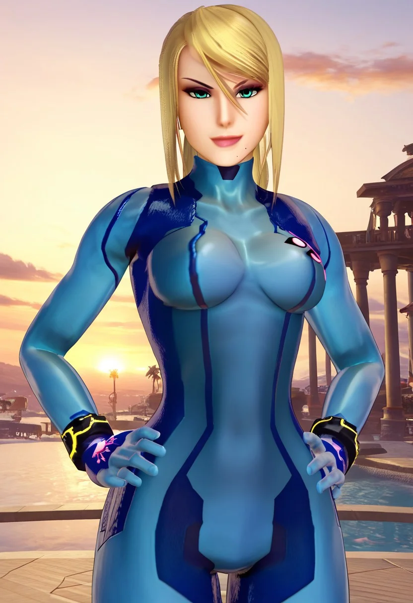 score_9, score_8_up, score_7_up, 3d, highres, best quality, high quality, BREAK, 1girl, samus aran, blonde hair, ponytail, blue bodysuit, zero suit, skin tight, mole, mole under mouth, cowboy shot, hands on hips, smug, looking at viewer, sunset