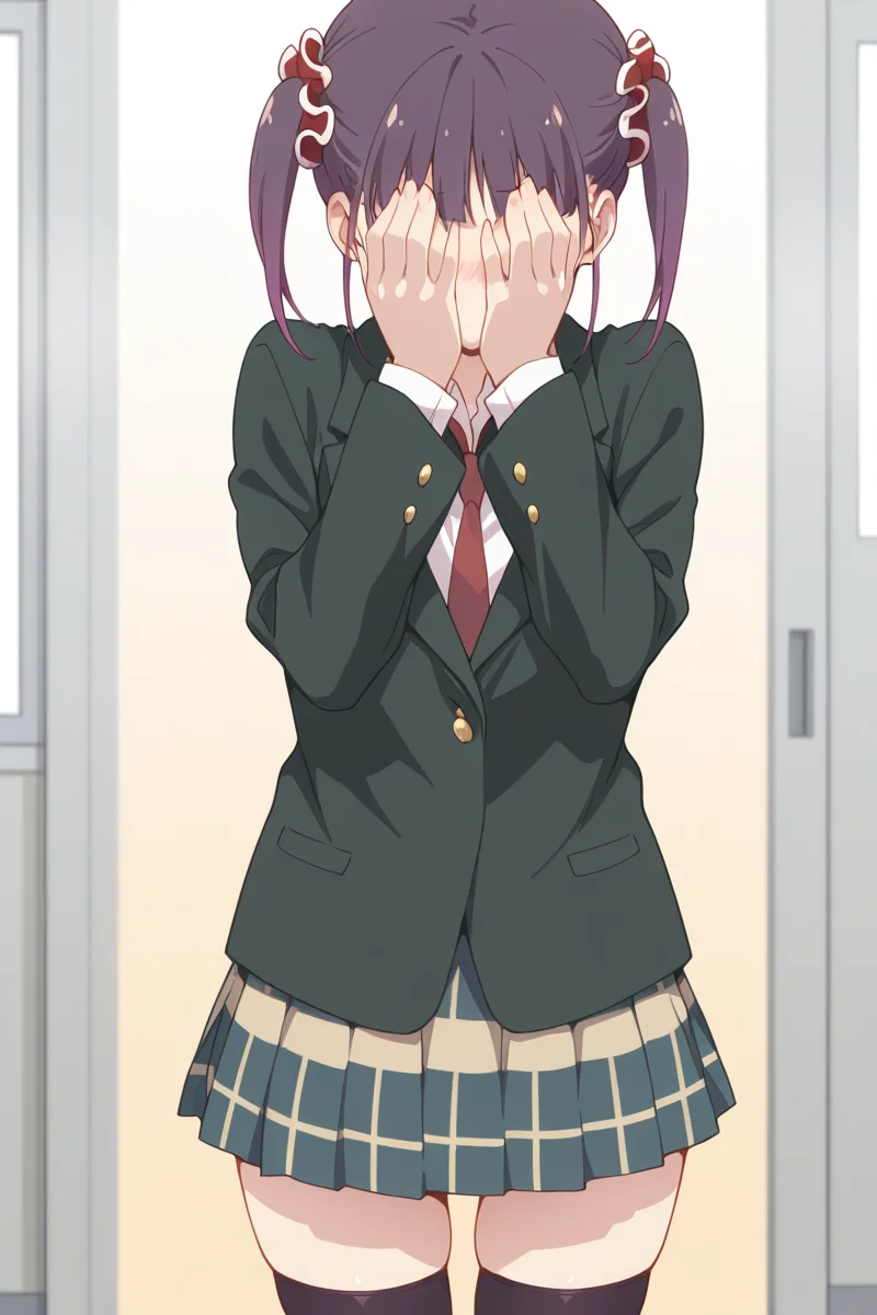 masterpiece, best quality, amazing quality,
 <lora:Shizuku_IL:1> shizuku, 1girl, twintails, solo, school uniform, skirt, thighhighs, necktie, covering face, black thighhighs, purple hair, blazer, jacket, plaid skirt, zettai ryouiki, plaid