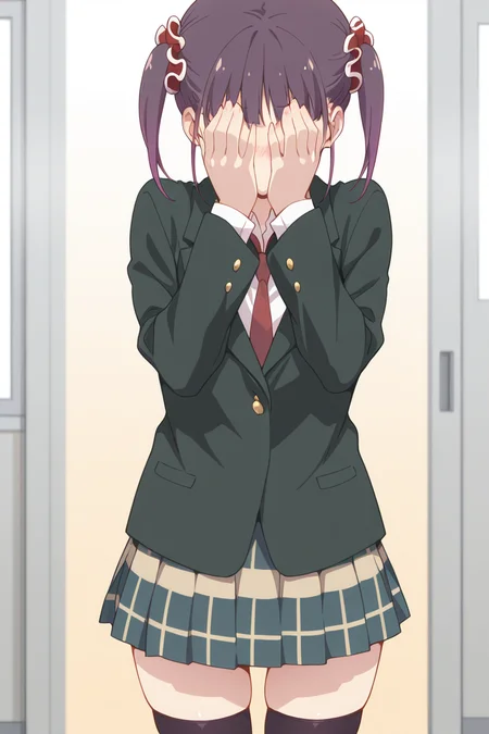 masterpiece, best quality, amazing quality,
<lora:Shizuku_IL:1> shizuku, 1girl, twintails, solo, school uniform, skirt, thighhighs, necktie, covering face, black thighhighs, purple hair, blazer, jacket, plaid skirt, zettai ryouiki, plaid