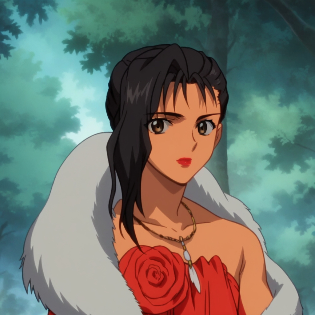 Ugly score_9_up, score_8_up, score_7_up, BREAK, FemaleKai, 1girl, solo, black hair, long hair, brown eyes, lipstick, necklace, feather boa, red dress, upper body,  <lora:FemaleKai_PXL_Leaf1:1>, forest, looking at viewer, anime screenshot,