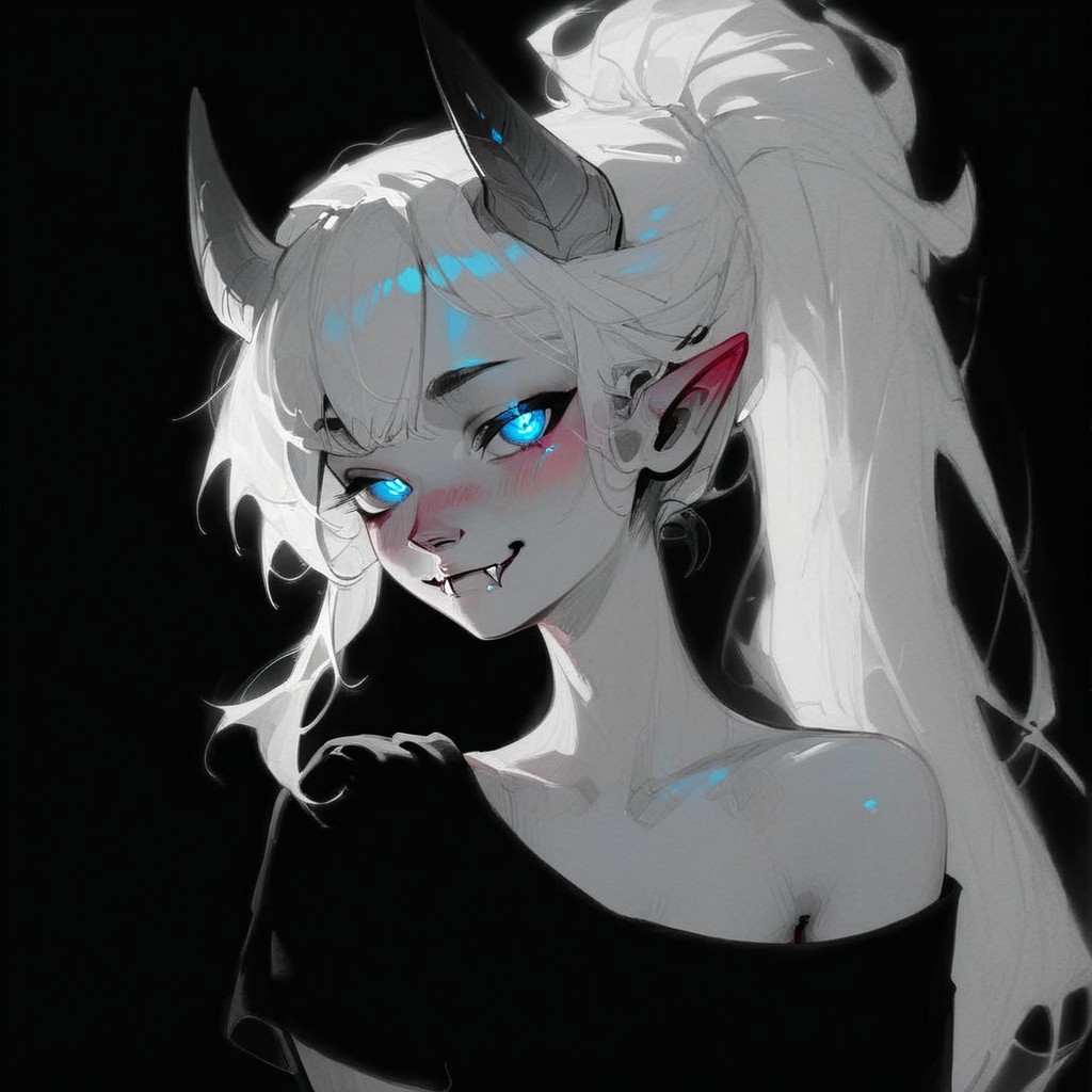 (Blend_in, black background), score_9, score_8_up, score_7_up, masterpiece, best quality, absurdres, vibrant, highly detailed, sketch, monochrome, greyscale, spot color, portrait, Lynn Pink, blue eyes, blush, ponytail, tail, horns, pointy ears, fangs, (((adult))), small breasts, simple black shirt, off shoulder, visible breast, looking at viewer, seductive smile