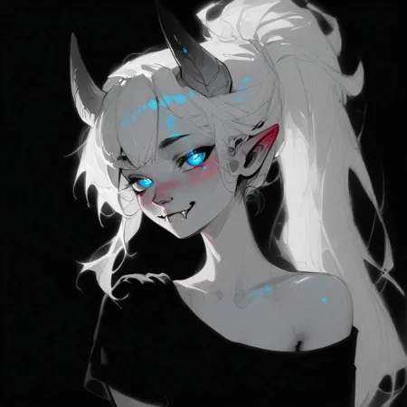 (Blend_in, black background), score_9, score_8_up, score_7_up, masterpiece, best quality, absurdres, vibrant, highly detailed, sketch, monochrome, greyscale, spot color, portrait, Lynn Pink, blue eyes, blush, ponytail, tail, horns, pointy ears, fangs, (((adult))), small breasts, simple black shirt, off shoulder, visible breast, looking at viewer, seductive smile