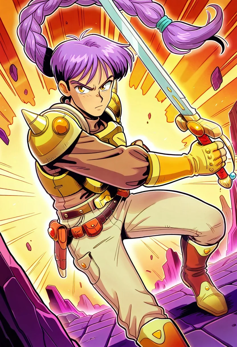 masterpiece, best quality, amazing quality, very aesthetic, absurdres, newest, myroffl3, 1boy, male focus, purple hair, long braided pony tail, spiked pauldrons, yellow armor, brown shirt, yellow fingerless gloves, belt with holster, belt with pouches, beige pants, boots, ((action pose)), close up, looking at viewer, sword, holding sword