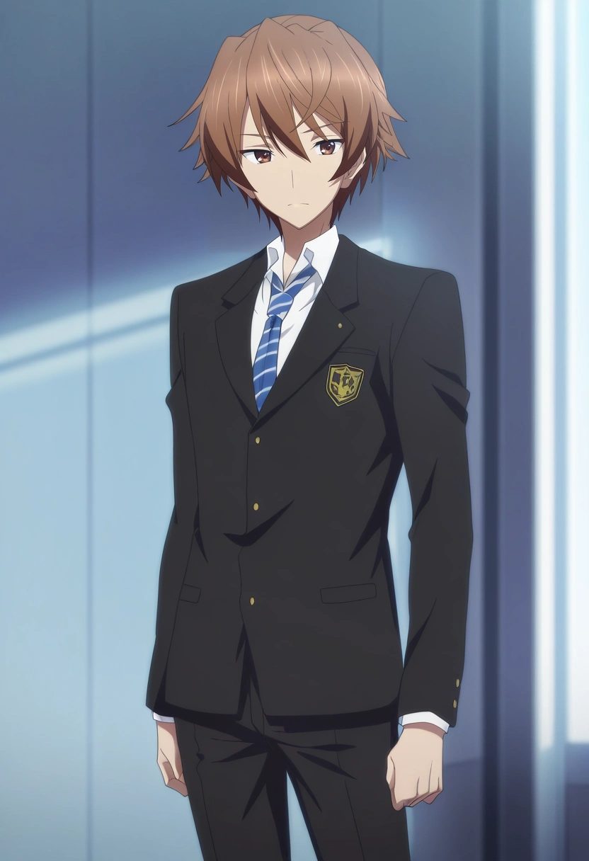 masterpiece, best quality, , anime screencap, anime coloring, , looking at viewer, 1boy, solo, male focus, <lora:takeya_iizuka_ilxl:0.92>, takeya_iizuka, brown hair, brown eyes, short hair, school uniform, black jacket, white shirt, collared shirt, blue necktie, striped necktie, black pants, , ,
