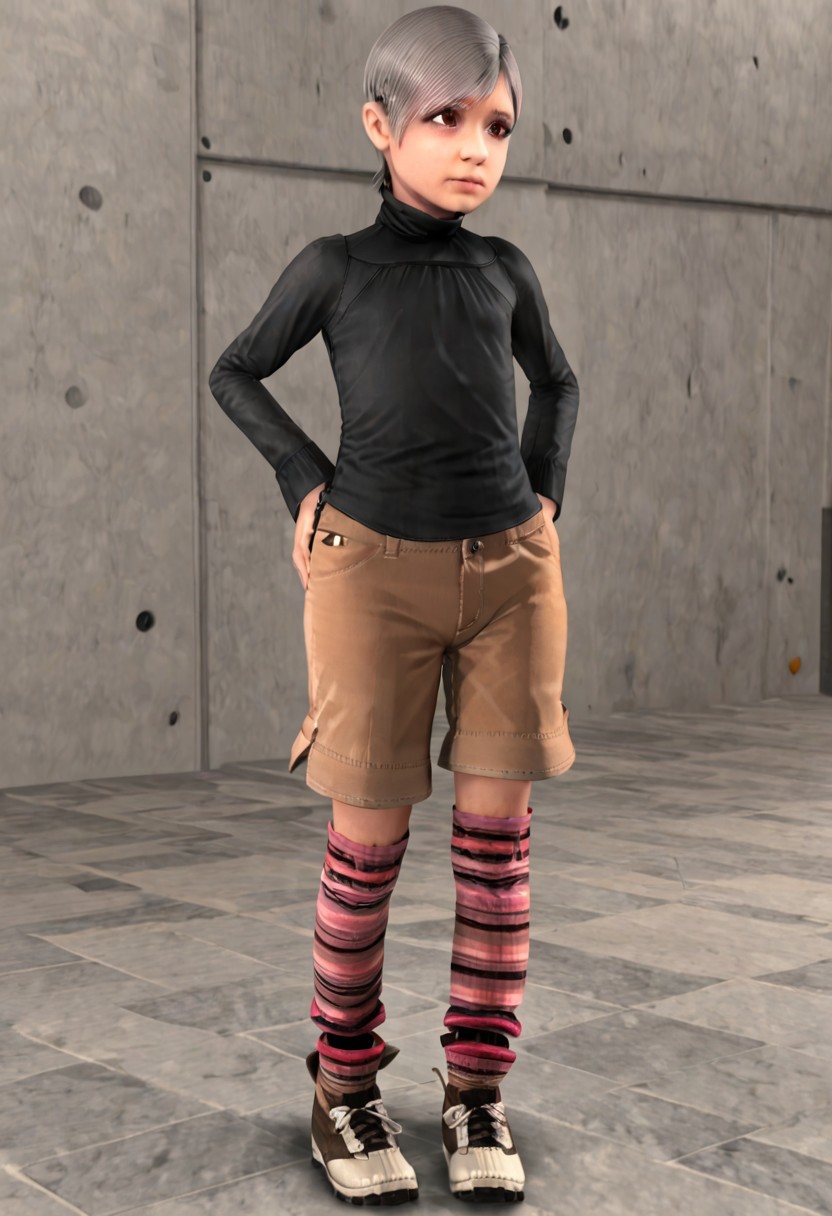 sunny-mgs4, short hair, grey hair, black turtleneck, flat chest, brown eyes, brown shorts, striped socks, wide hips