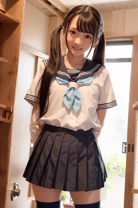 (4k, best quality), (realistic, photo-realistic),1girl, solo,(full body),
twintails,long_hair, black_hair,
beautiful detailed eyes, (smile),(looking at viewer),
standing,perfect skin,
slender,slender legs,
neckerchief, pleated_skirt, sailor_collar, school_uniform, serafuku,
indoors,window, <lora:remu_hayami_v10:0.7>