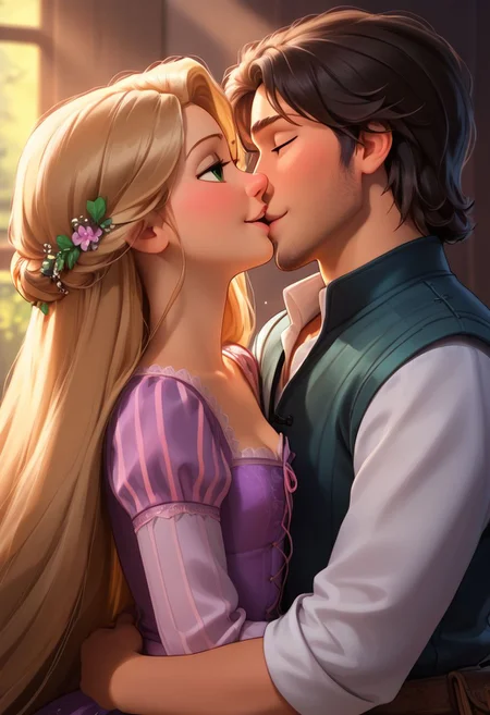 score_9,score_8_up,score_7_up, rapunzel, FlynnRider, muscular FlynnRider, rapunzel, couple, girl with green eyes, boy with brown eyes, happy, kissing