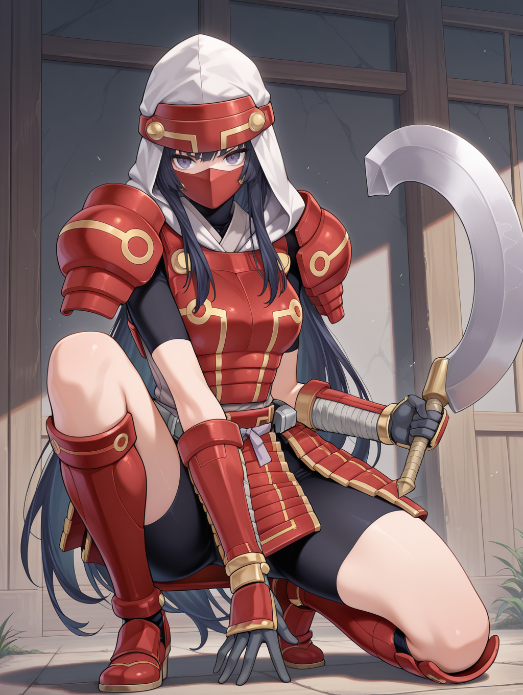 legendary six samurai - mizuho,solo,holding axe,on one knee,east asian architecture,axe,1girl,red armored gloves,red armored knee boots,red armored skirt,red breastplate,red shoulder armor,white shirt,covered mouth,red mouth mask,purple eyes,white hood,hand on floor,
masterpiece,best quality,amazing quality,very aesthetic,absurdres,newest,<lora:Legendary Six Samurai - Mizuho illuXL v1:0.75>,