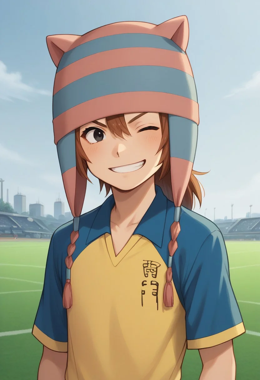 score_9, score_8_up, score_7_up, source_anime, highly detailed,
matsuno, 1boy, male focus, solo, brown hair, black eyes, hat, animal hat, sportwear, raimon, soccer uniform, raimon soccer uniform, shirt, raglan sleeves, blue shirt, yellow shirt, short sleeves, upper body, smile, grin, one eye closed,
outdoor,