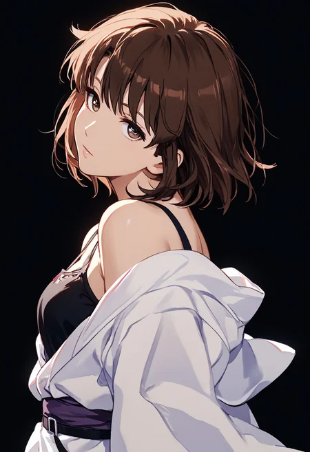 score_9, score_8_up, score_8, score_7_up, source_anime,
1girl, katou megumi, Megumi <lora:KatoMegumi:1>,brown hair,katou megumi,brown eyes, medium breasts , short hair, masterpiece, best quality, white kimono (off-shoulder kimono style, exposing one side), hadanugi dousa, black shirt, black pants, black belt, purple sash, boots, black footwear, ((dark black background)), portrait, from side, head tilt, looking at viewer,
